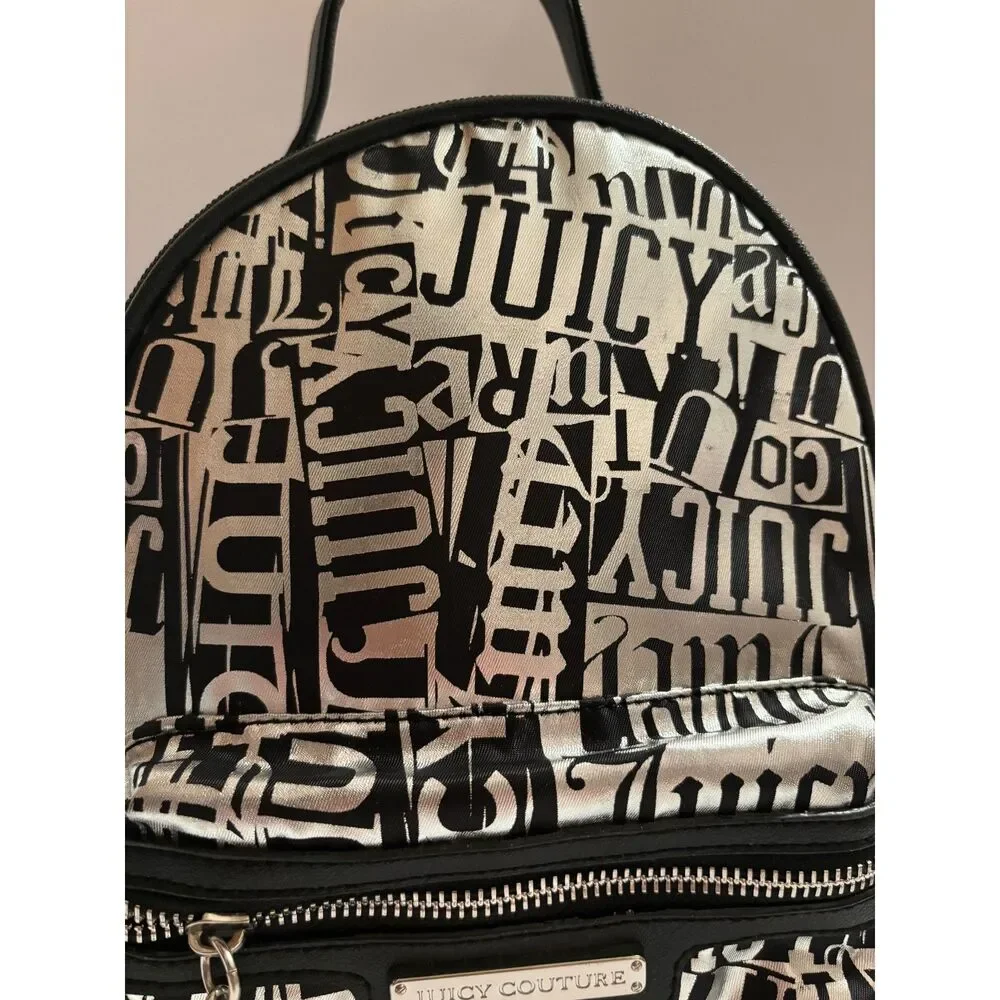 Juicy Couture Y2K Metallic Silver And Black Mini Backpack With Multi Pockets